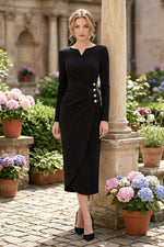 Ruched Long Sleeve Midi Dress with Button Trim