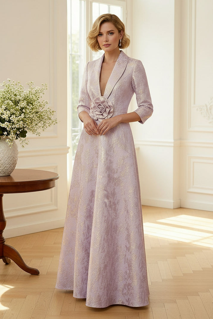 Deep V-Neck Jacquard A-Line Evening Gown