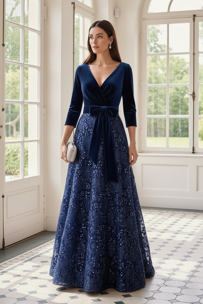 Velvet Wrap Bodice Sequin Floral Evening Gown