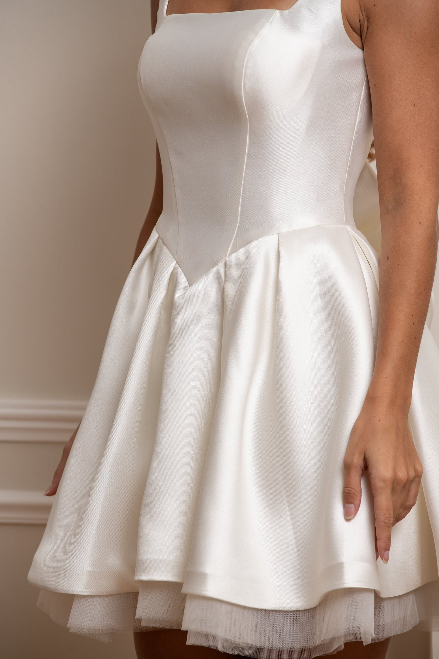Square Neck Satin A-Line Mini Wedding Dress with Bow