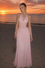 Halter Corset Chiffon Gown with Lace Appliques