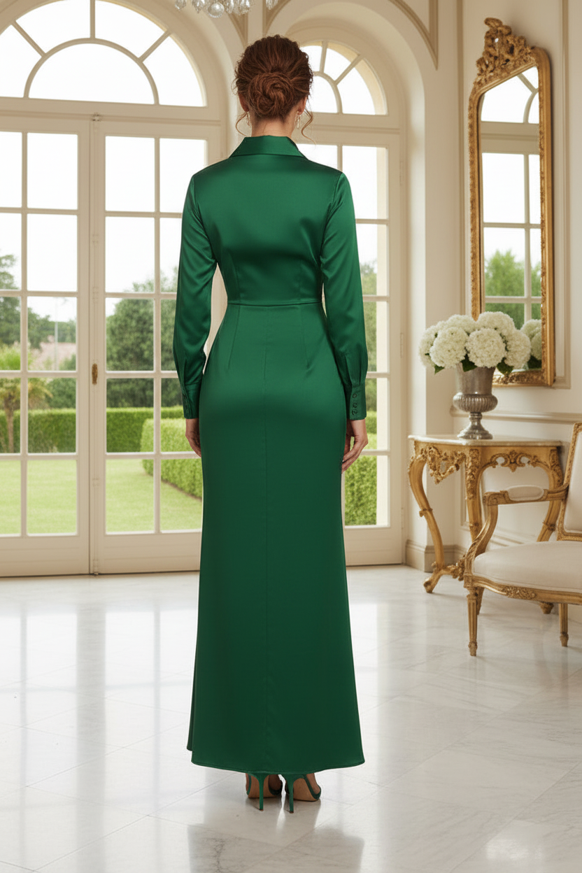 Long Sleeve Collared High-Low Satin Evening Dress