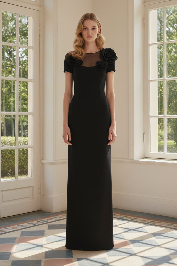 3D Floral Illusion Neckline Evening Gown