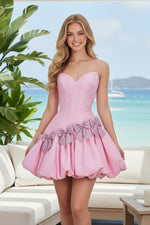 Strapless Sweetheart Bow-Embellished Bubble Mini Dress