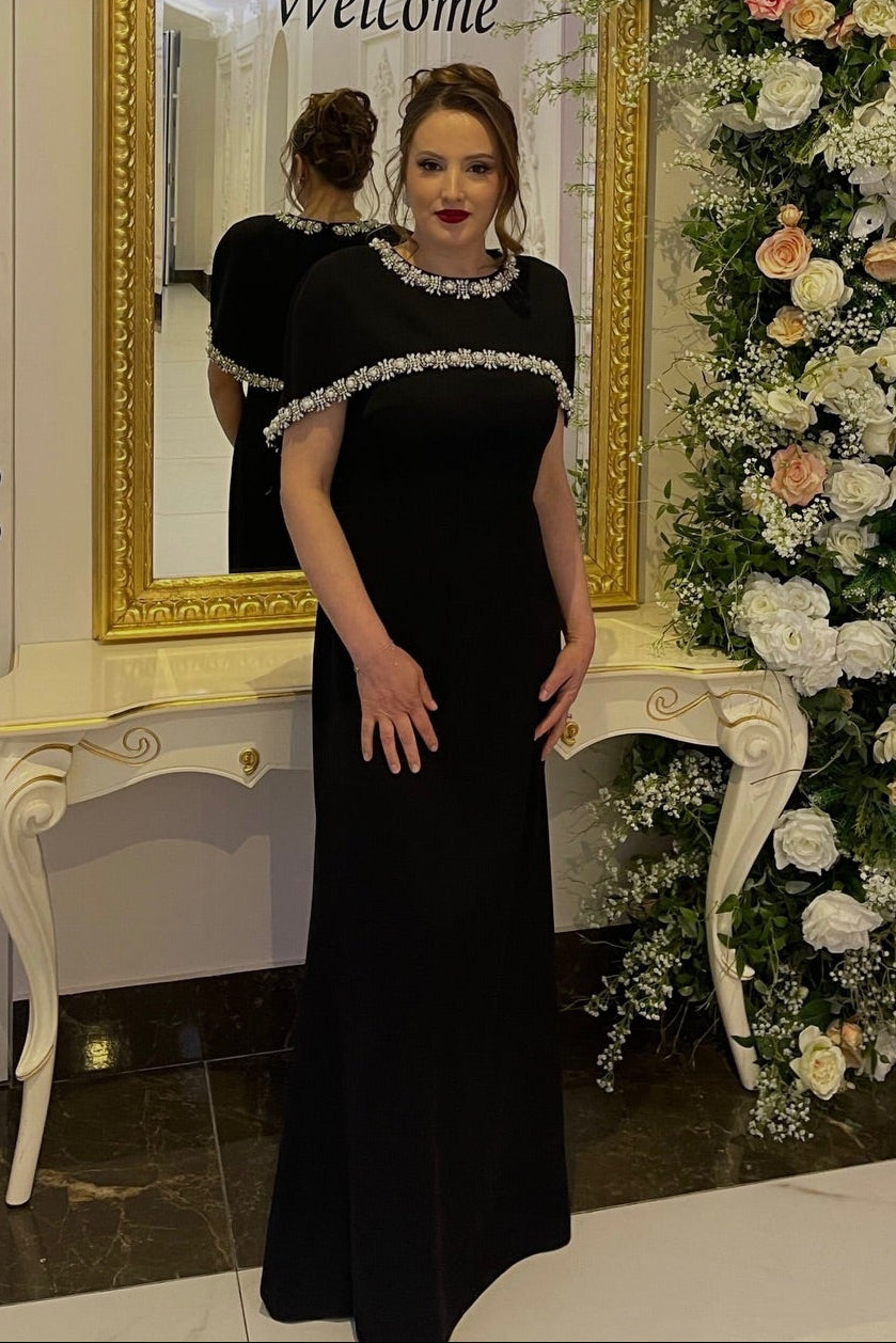 Crystal Embellished Capelet Sheath Evening Gown