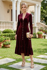 Velvet Button-Front Midi Dress with Ruffle Hem