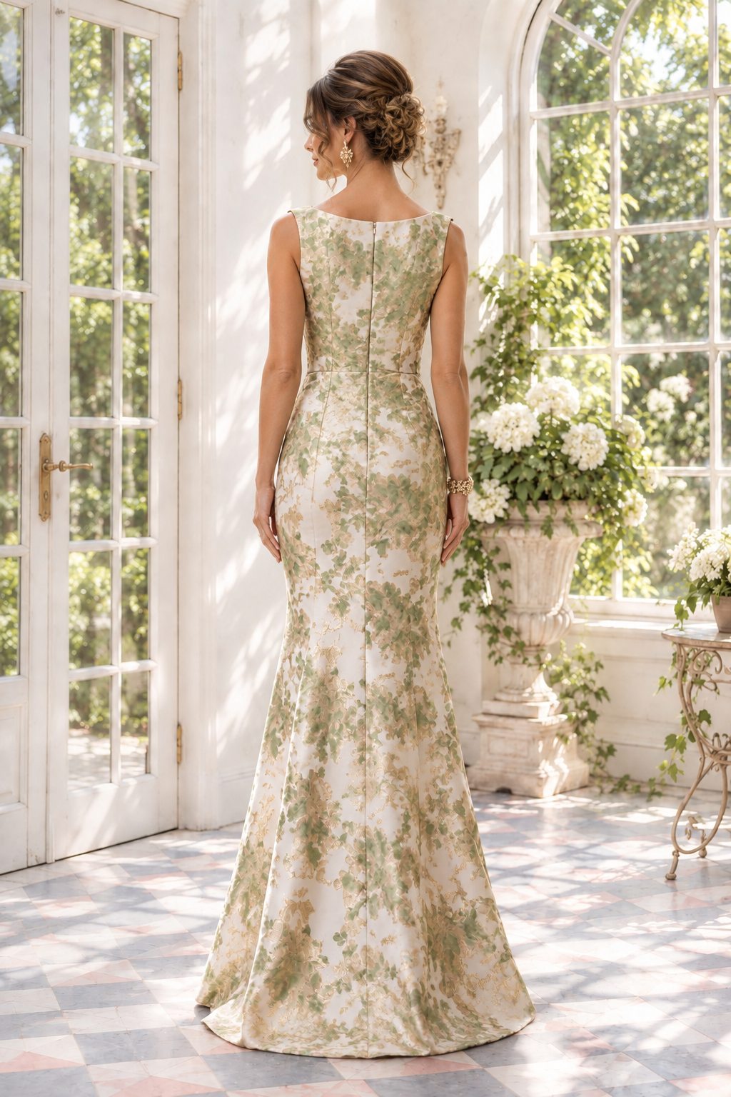 Floral Jacquard Pleated Trumpet Evening Gown