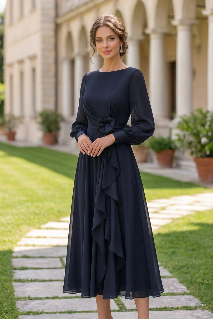 A-Line Dress with Bishop Sleeves and Rosette