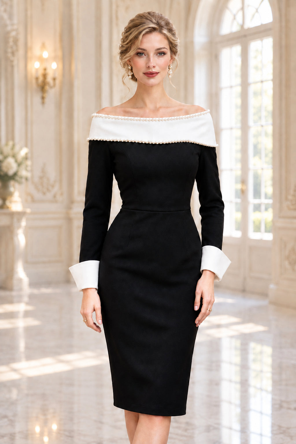 Off-the-Shoulder Pearl Trim Sheath Dress