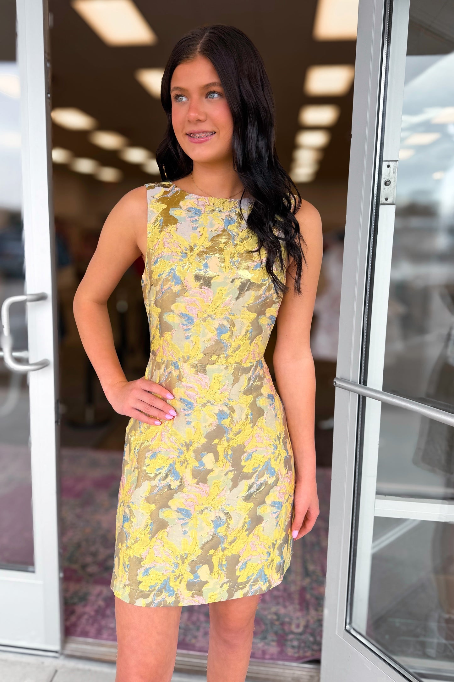 Sleeveless Bateau Neck Jacquard Mini Dress