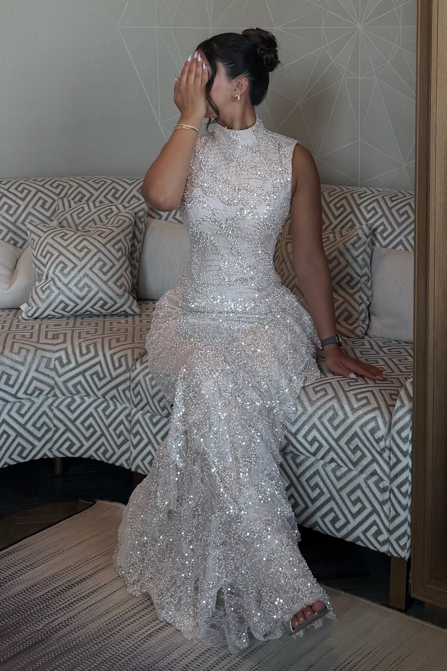 High Neck Beaded Maxi Dress with Tiered Ruffles