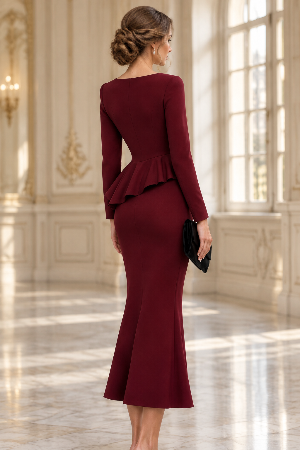 Long Sleeve Asymmetrical Ruffle Midi Dress