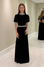 High-Neck Velvet Evening Gown with Crystal Trim