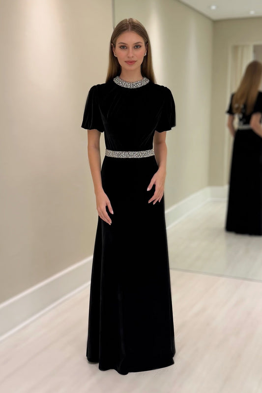 High-Neck Velvet Evening Gown with Crystal Trim