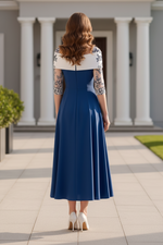 Embroidered 3/4 Sleeve A-Line Midi Dress