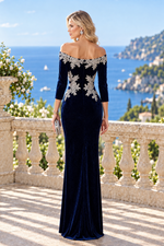 Embroidered Off-the-Shoulder Velvet Evening Gown