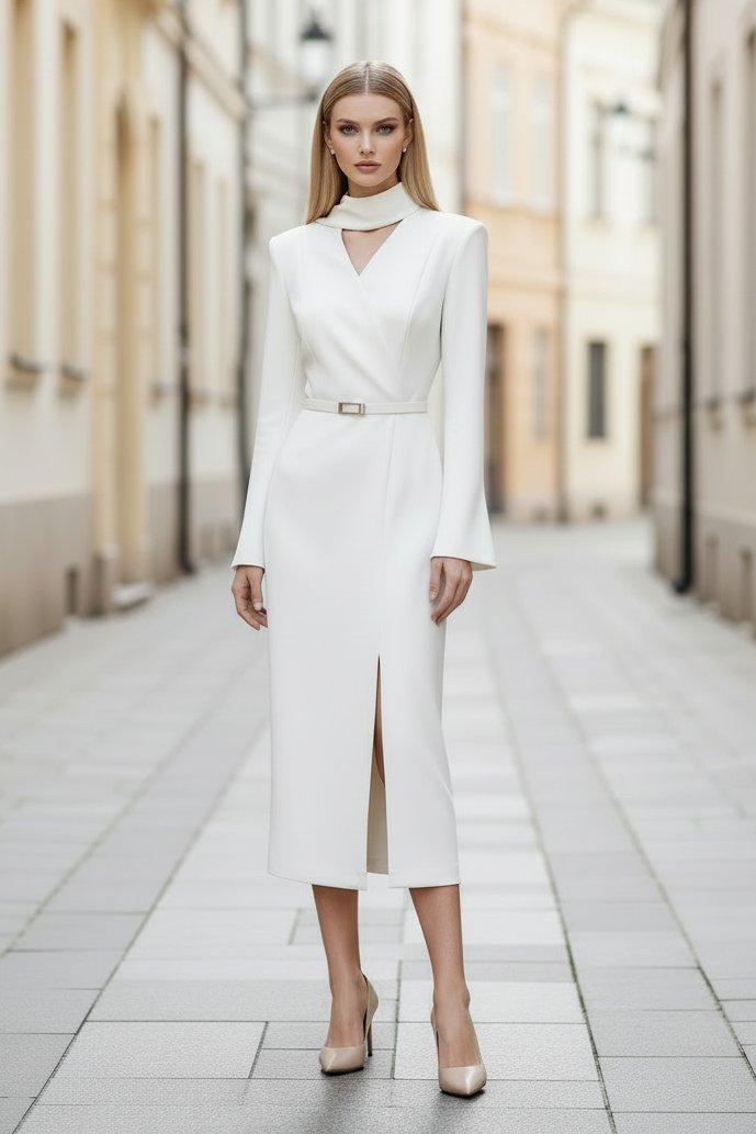 Belted High-Neck Wrap Midi Dress with Slit