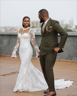 Mock Neck Lace Mermaid Wedding Dress with Long Sleeves