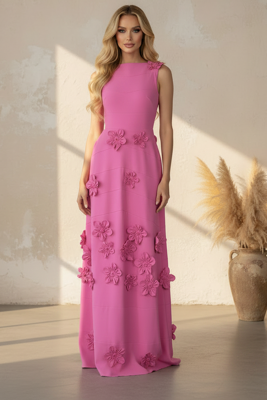 Fuchsia Sleeveless Bateau Neck 3D Floral Applique Gown