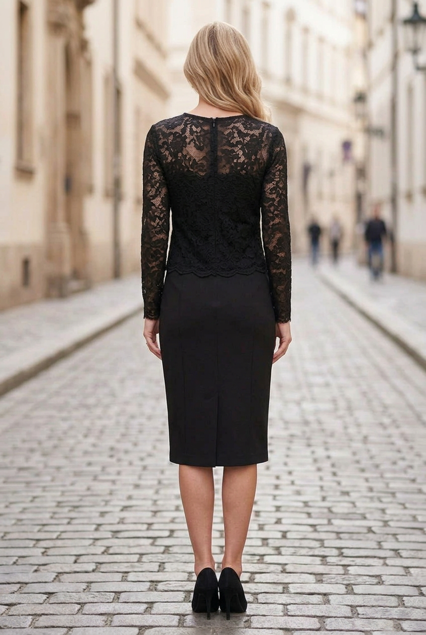 Lace Bodice Midi Sheath Dress with Long Sleeves