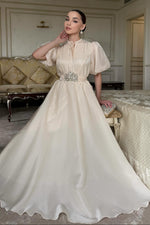 Elegant Puff Sleeve A-Line Evening Gown with Beaded Belt