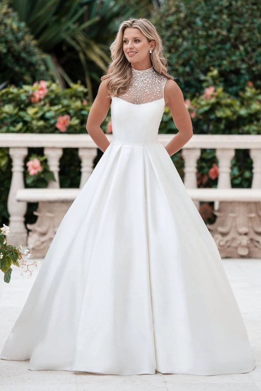High Neck Illusion Beaded Satin Ball Gown Wedding Dress