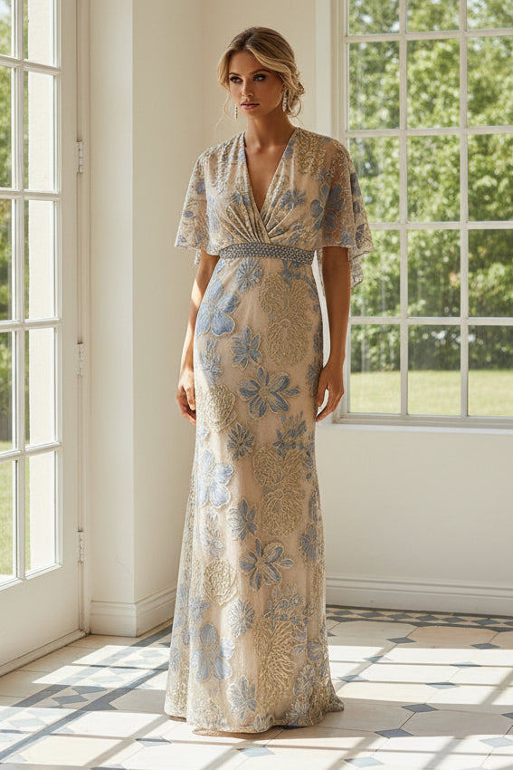 Floral Embroidered V-Neck Evening Gown