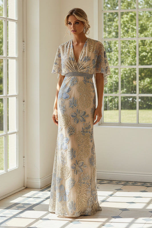 Floral Embroidered V-Neck Evening Gown
