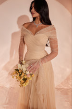 Off-the-Shoulder Ruched Tulle Evening Gown
