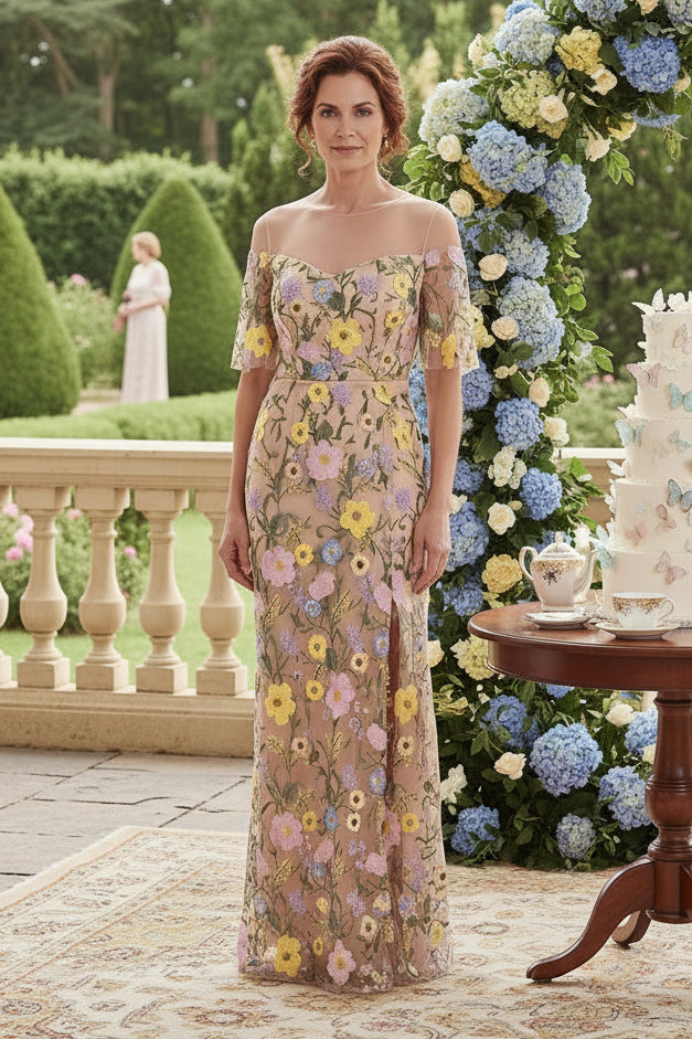 Floral Embroidered Flutter Sleeve Illusion Dress