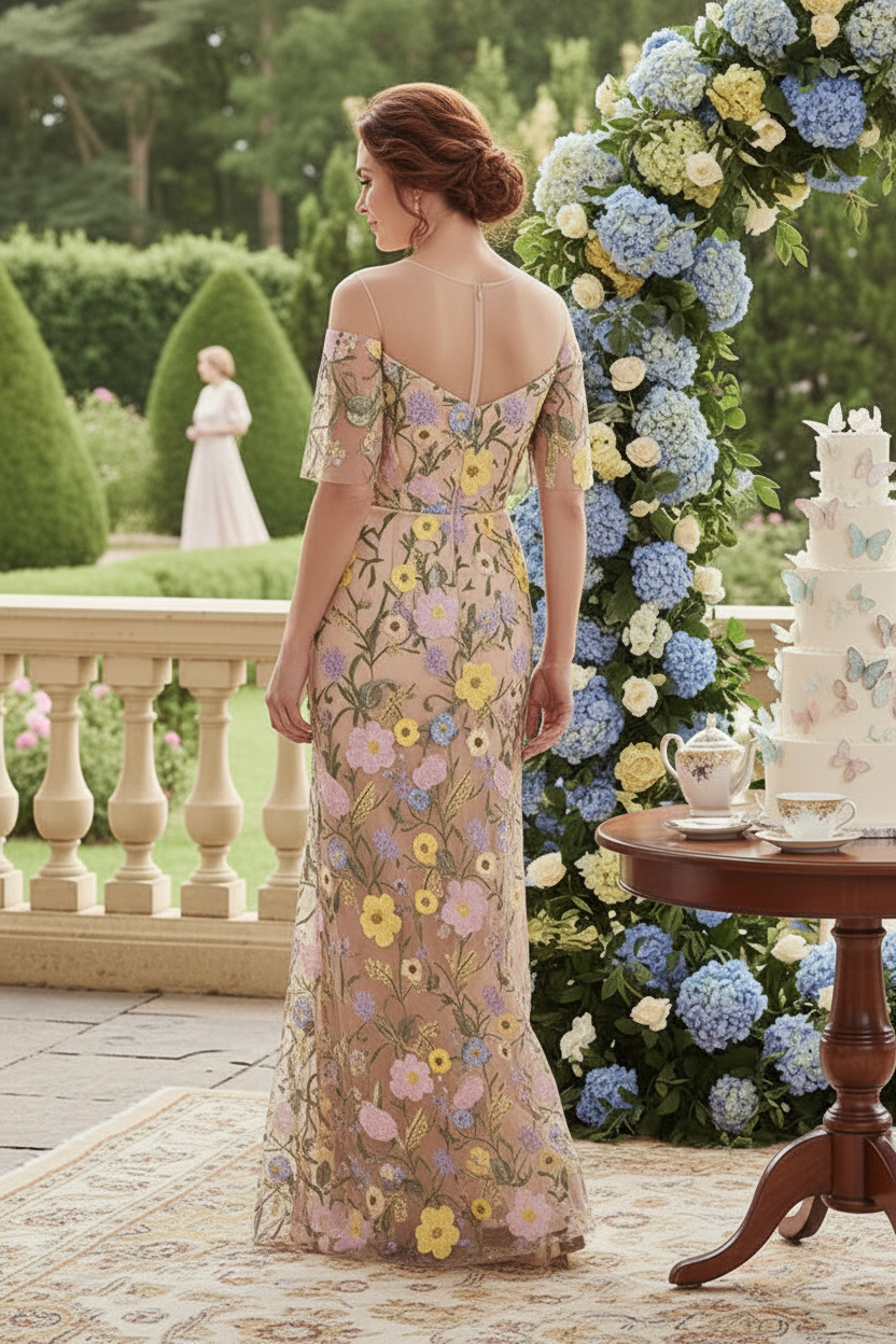 Floral Embroidered Flutter Sleeve Illusion Dress