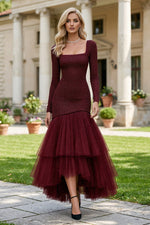 Square Neck Glitter Mermaid Dress with Tiered Tulle Skirt