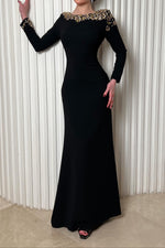 Beaded Bateau Neck Open Back Evening Gown