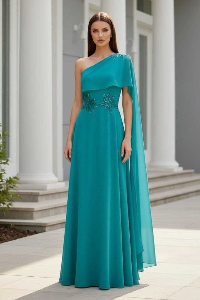 One-Shoulder Chiffon Evening Gown with Cape