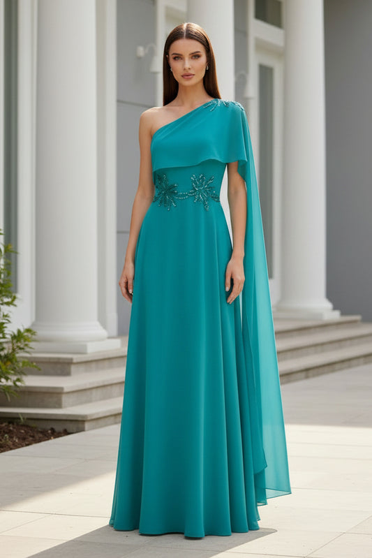 One-Shoulder Chiffon Evening Gown with Cape
