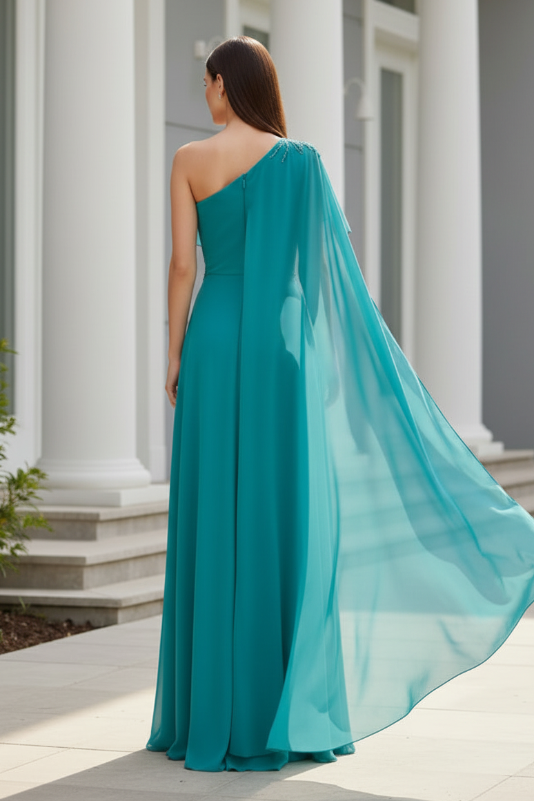One-Shoulder Chiffon Evening Gown with Cape