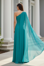 One-Shoulder Chiffon Evening Gown with Cape