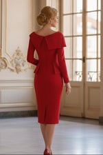 Foldover Neckline Peplum Midi Dress with Long Sleeves