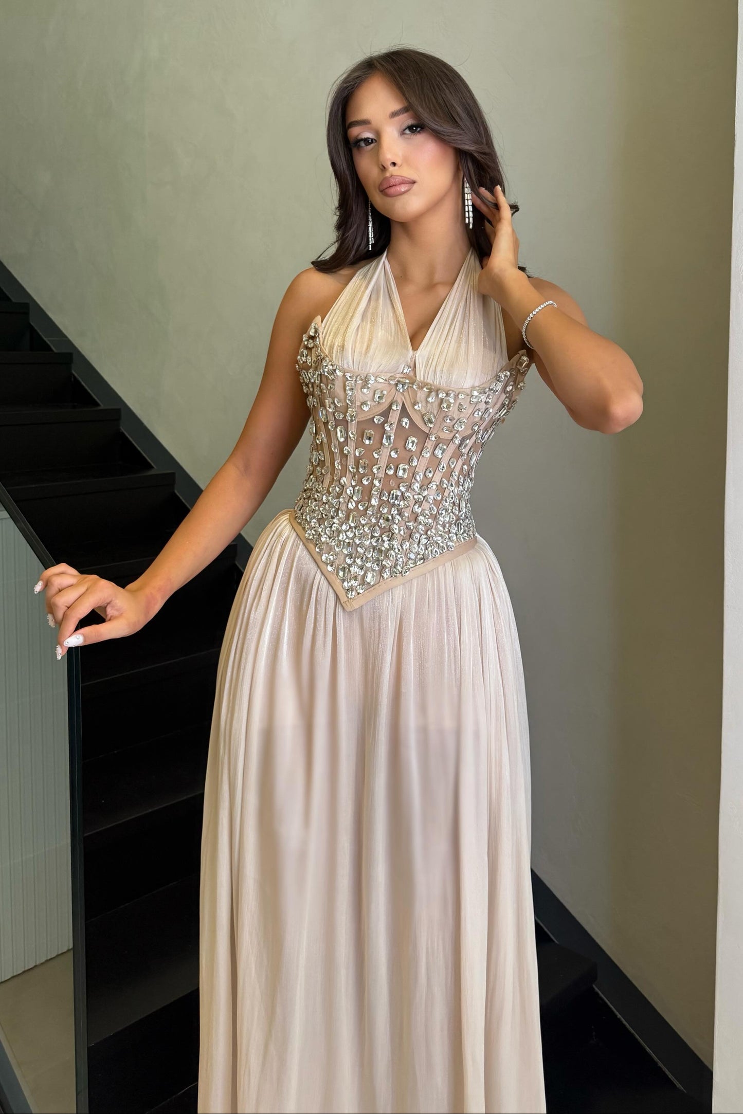 Halter Neck Crystal Corset Chiffon Evening Gown