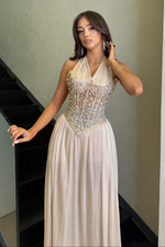 Halter Neck Crystal Corset Chiffon Evening Gown