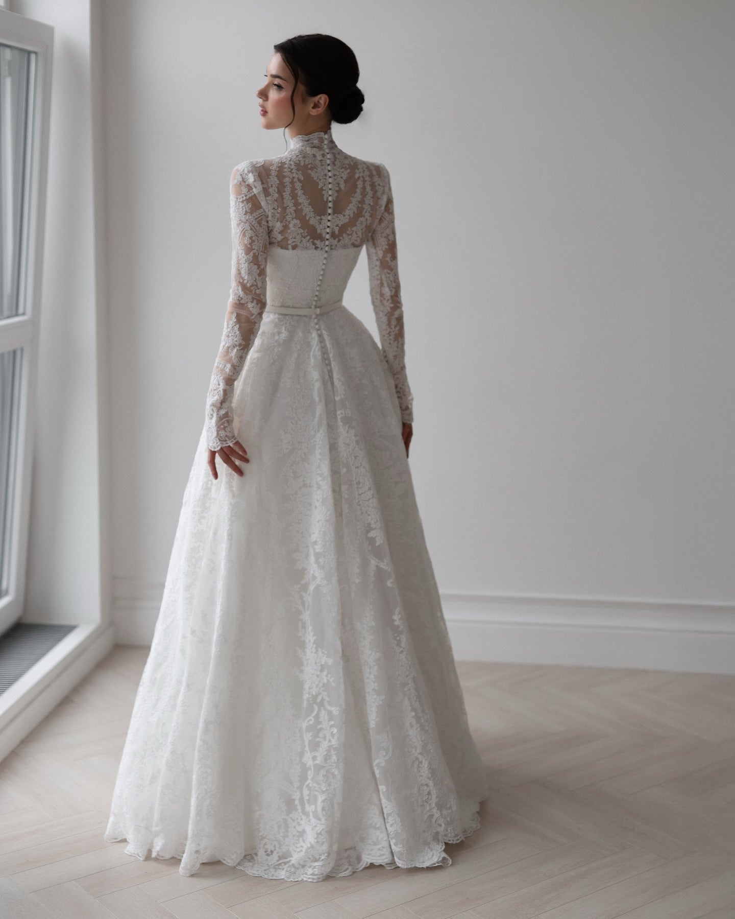 High Neck Long Sleeve Lace A-Line Wedding Dress