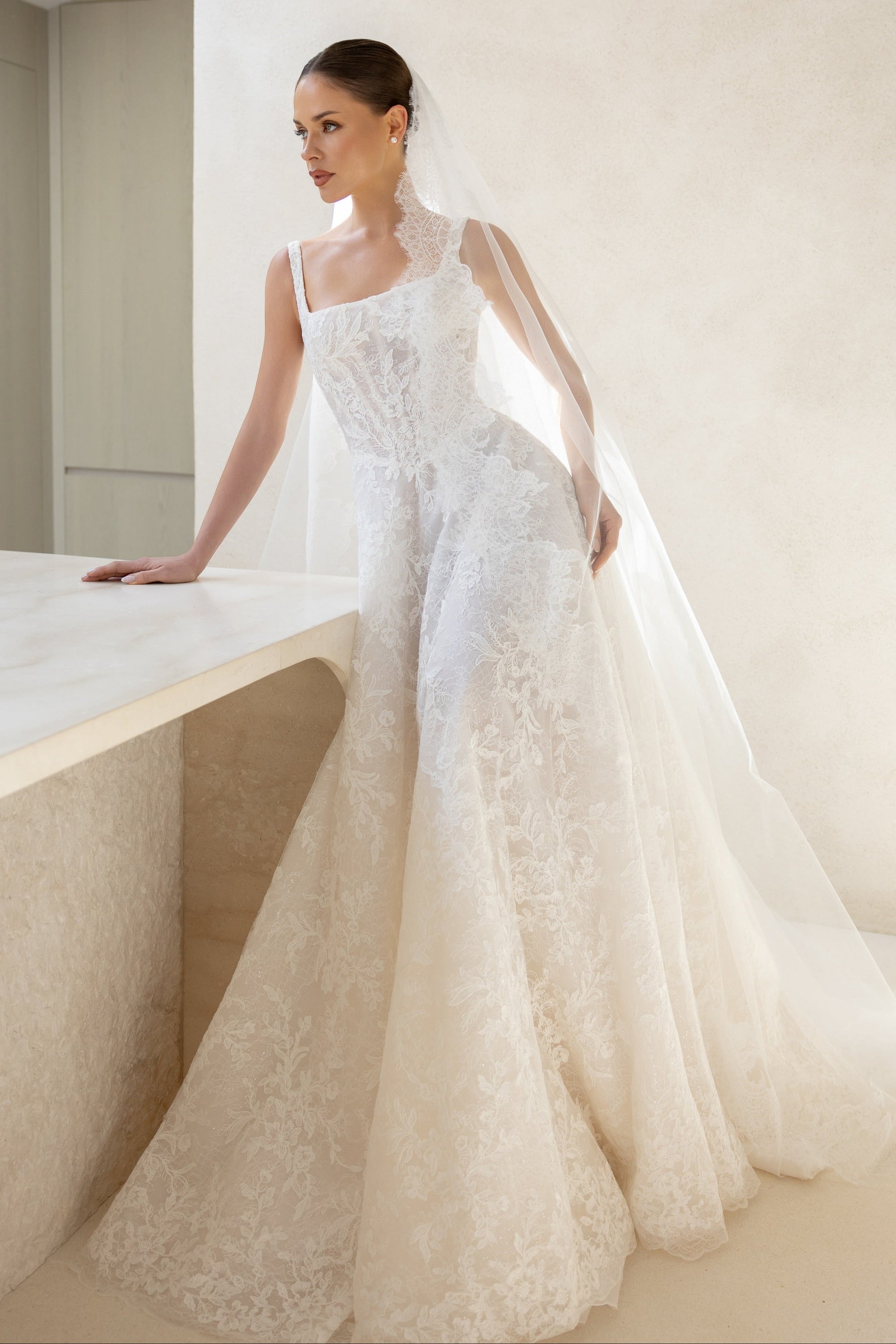 Square Neck Lace A-Line Corset Bridal Gown