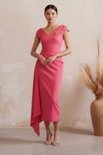 Floral Applique Ruched Asymmetrical Midi Dress