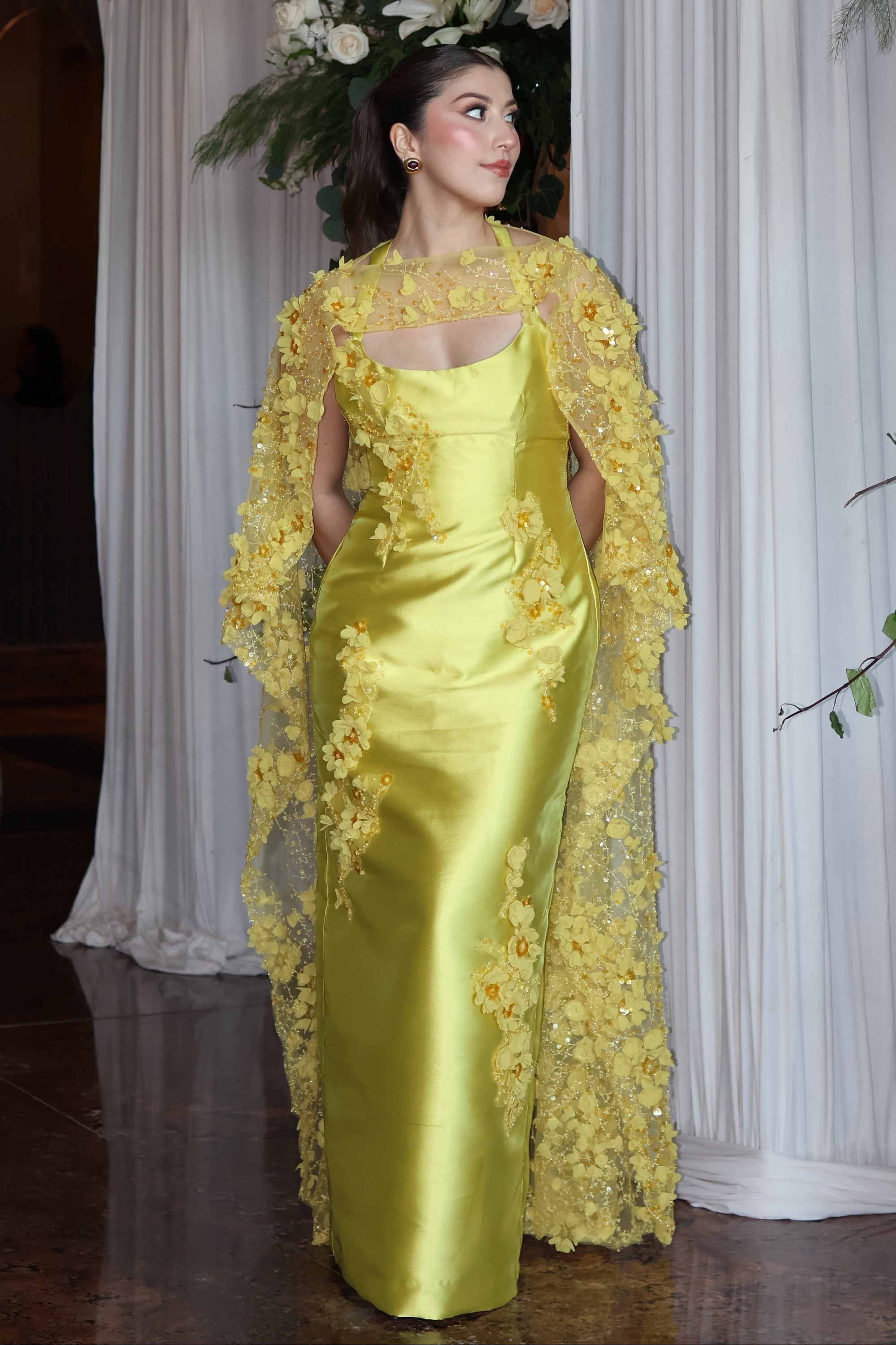 Satin Evening Gown with 3D Floral Cape