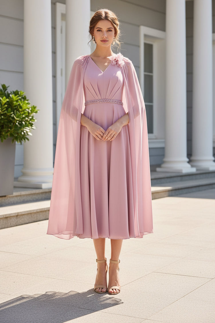 Elegant V-Neck Chiffon Cape Midi Dress