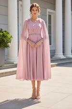 Elegant V-Neck Chiffon Cape Midi Dress