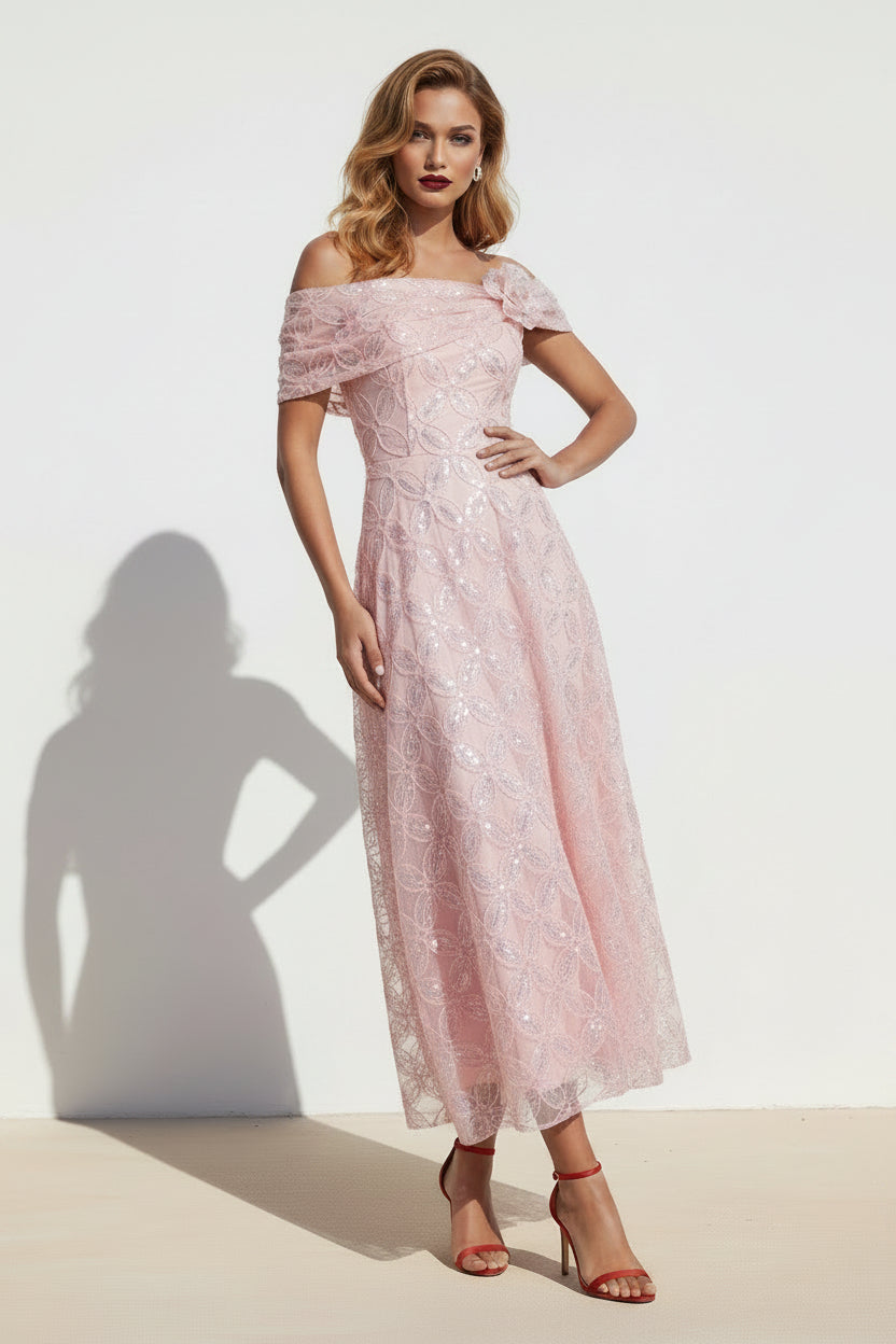 Off-the-Shoulder Sequin Lace A-Line Midi Dress