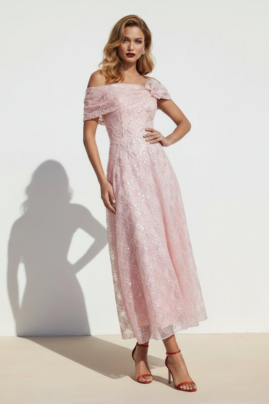 Off-the-Shoulder Sequin Lace A-Line Midi Dress