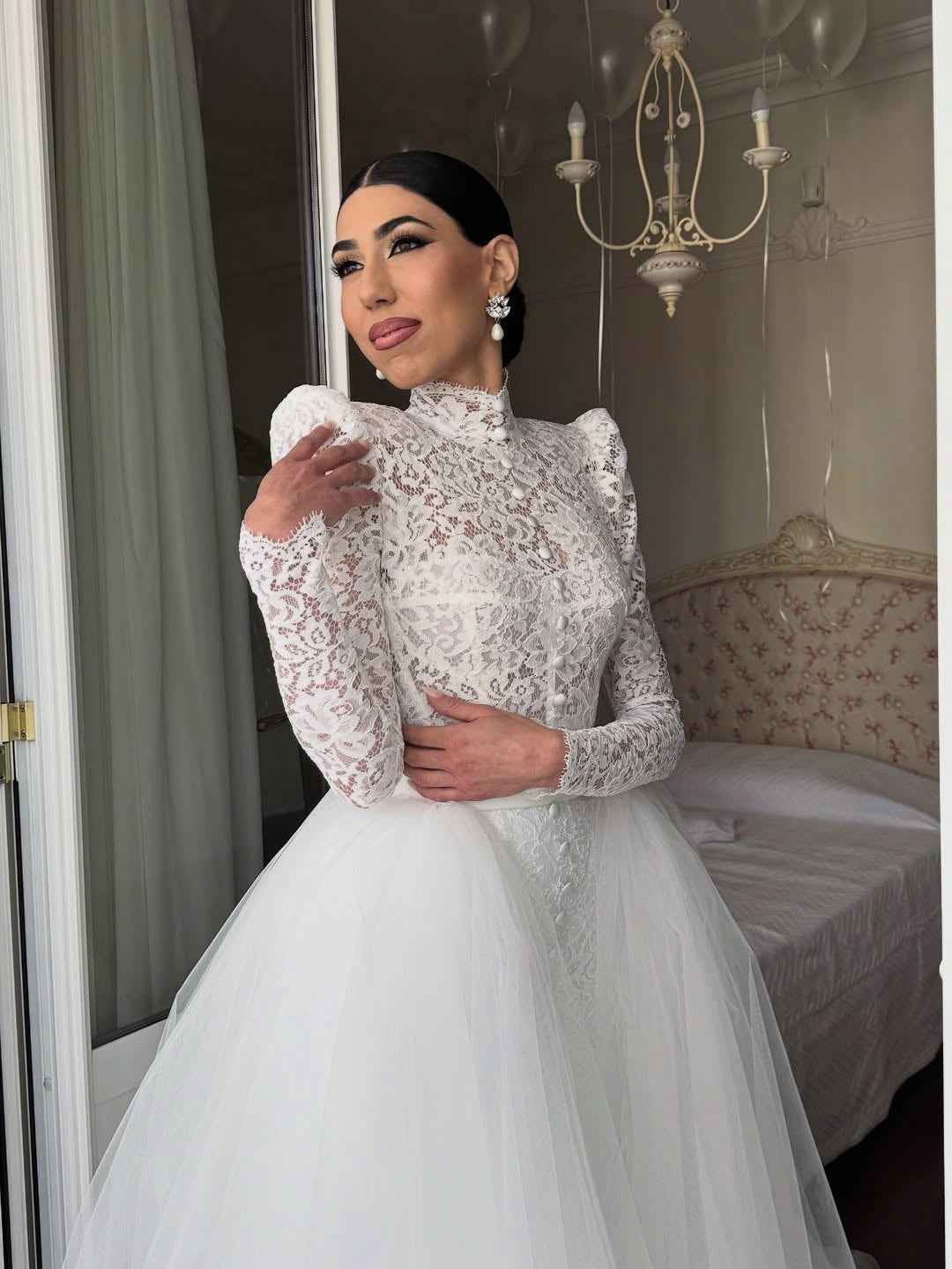 High Neck Lace Mermaid Wedding Dress with Detachable Train