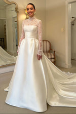 High-Neck Lace and Satin Ball Gown Wedding Dress